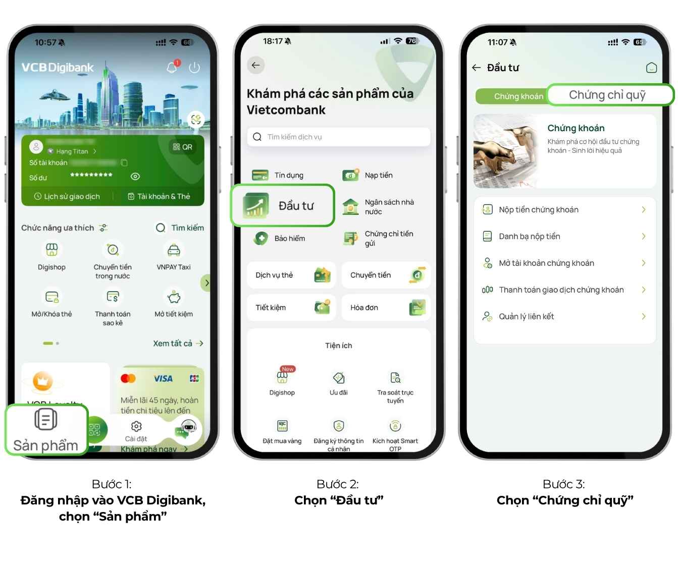 Bước 1–3: Đăng nhập Digibank → Sản phẩm → Đầu tư → Chứng chỉ quỹ
