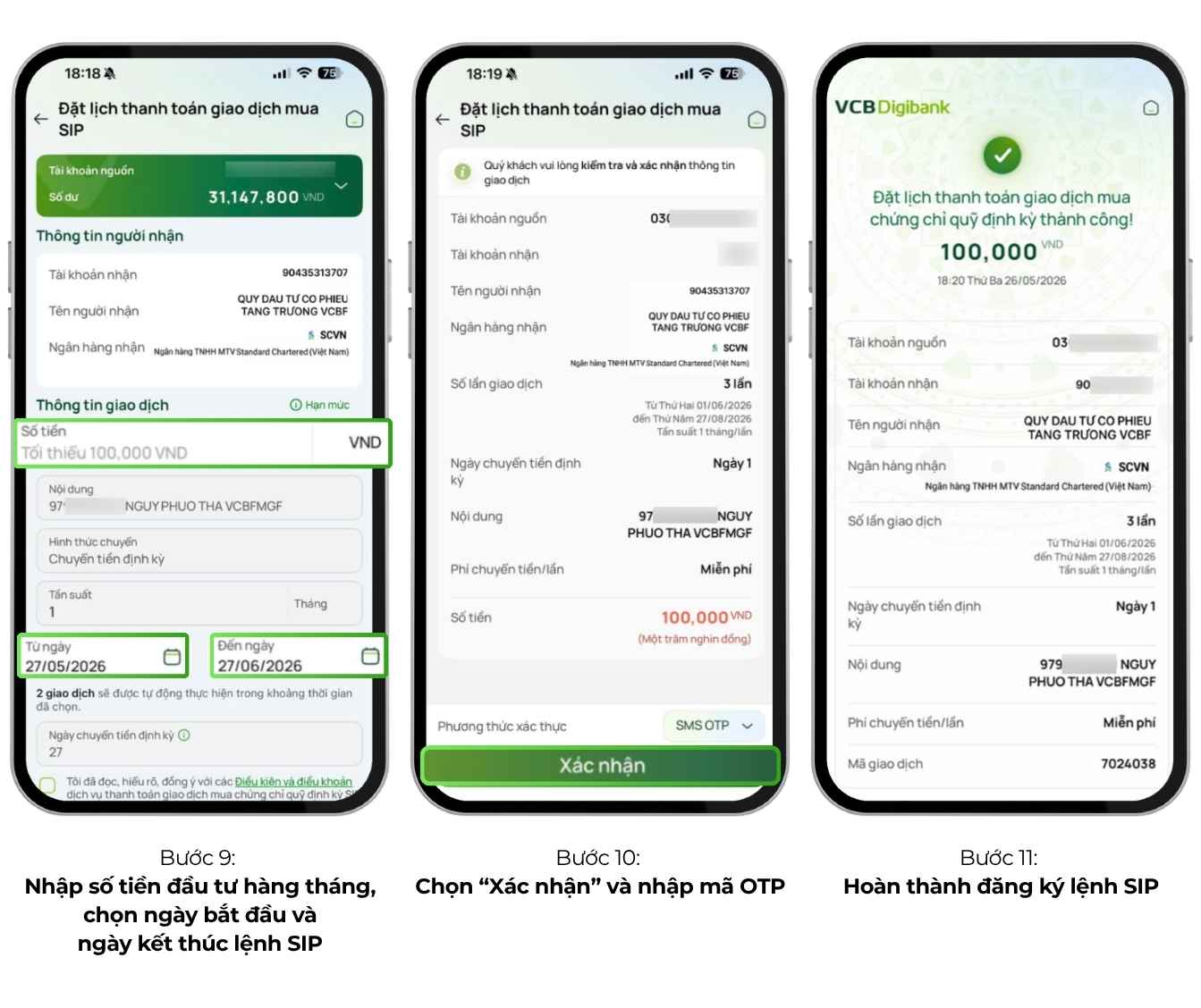 Bước 9–11: Nhập số tiền & lịch, xác nhận OTP, hoàn thành đăng ký SIP